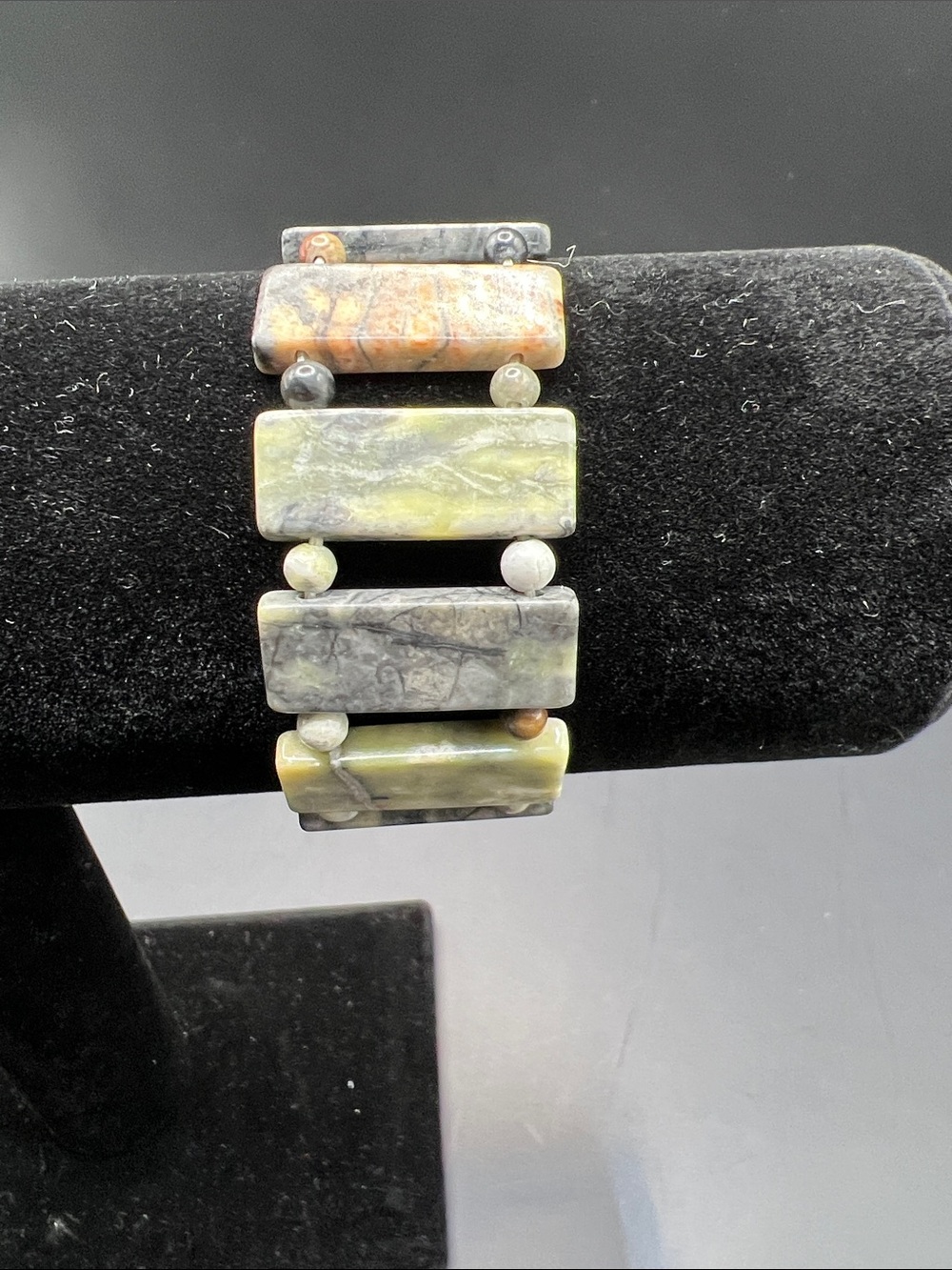 Natural Stone Rectangular Bead Stretch Bracelet - Green Multi